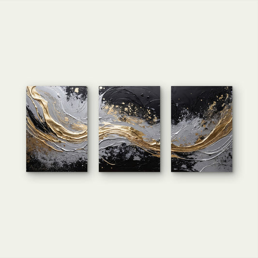 3pcs Abstract Black Gold Silver Painting Wall Art Set Canvas Framed 60x90cm - High Quality Print 100% Australian Made Wall Canvas Ready to Hang