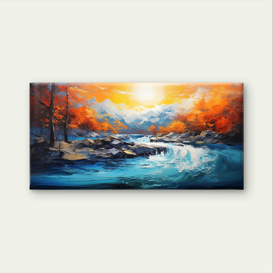 Autumn River Mountain Oil Painting Wall Art Canvas Office Home Framed 120x60cm