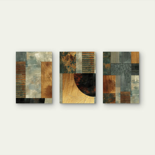 3pcs Modern Gold Bronze Teal Geometric Shape Wall Art Set Canvas Framed 60x90cm - High Quality Print 100% Australian Made Wall Canvas Ready to Hang