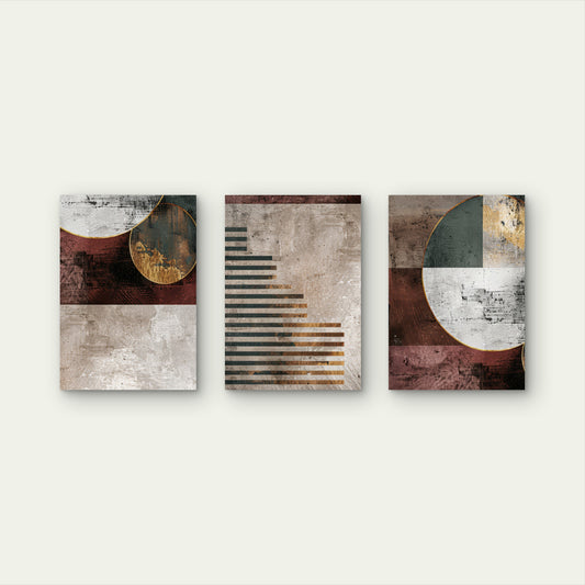 3pcs Burgundy Gold Beige Modern Line Circles all Art Set Canvas Framed 50x70cm - High Quality Print 100% Australian Made Wall Canvas Ready to Hang