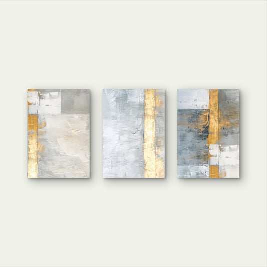 3pcs Gray Gold White Minimalist Foil Stripe Wall Art Set Canvas Framed 50x70cm - High Quality Print 100% Australian Made Wall Canvas Ready to Hang