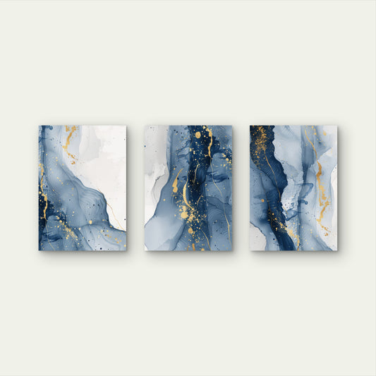 3pcs Luxury Navy Blue Gold Foil Abstract Wall Art Set Canvas Framed 50x70cm - High Quality Print 100% Australian Made Wall Canvas Ready to Hang