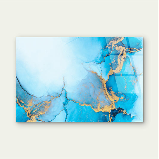 Blue Teal Gold Abstract Alcohol Ink Acrylic Glass Printing Wall Art Australian Made Quality