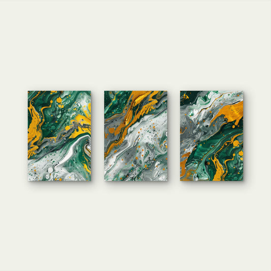 3pcs Modern Emerald Green Gold Fluid Acrylic Wall Art Set Canvas Framed 50x70cm - High Quality Print 100% Australian Made Wall Canvas Ready to Hang