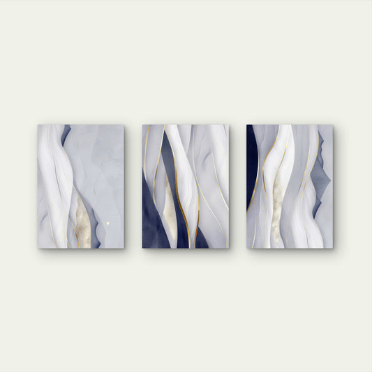 3pcs Navy Blue Grey Abstract Fluid Wave Lines Wall Art Set Canvas Framed 60x90cm - High Quality Print 100% Australian Made Wall Canvas Ready to Hang