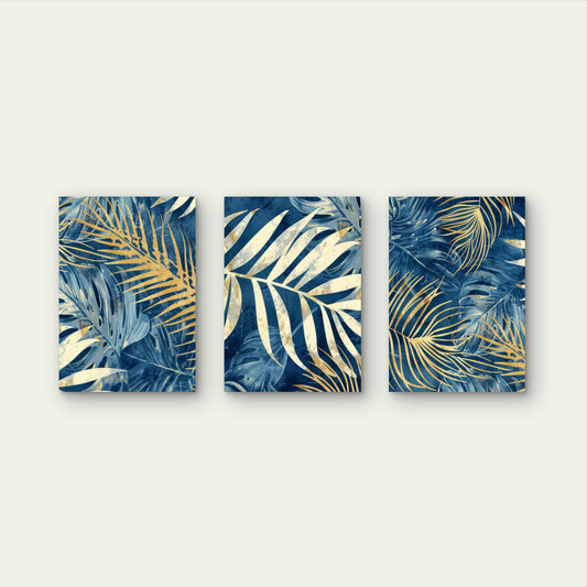 3pcs Navy Blue Gold Tropical Palm Leaves Wall Art Set Canvas Framed 60x90cm - High Quality Print 100% Australian Made Wall Canvas Ready to Hang