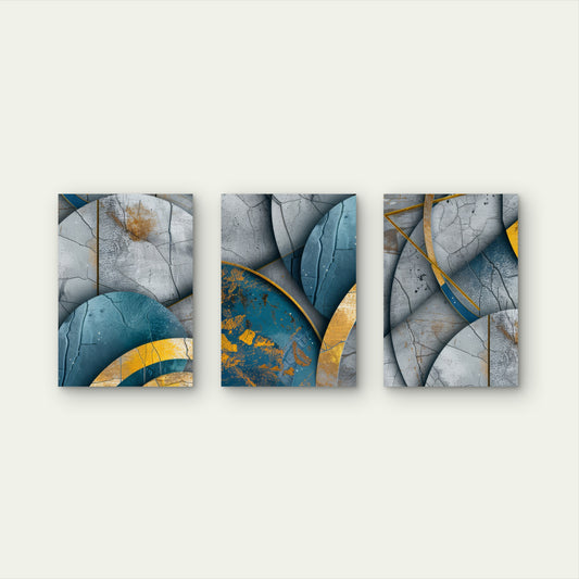 3pcs Modern Teal Blue Gold Geometric Shapes Wall Art Set Canvas Framed 50x70cm - High Quality Print 100% Australian Made Wall Canvas Ready to Hang