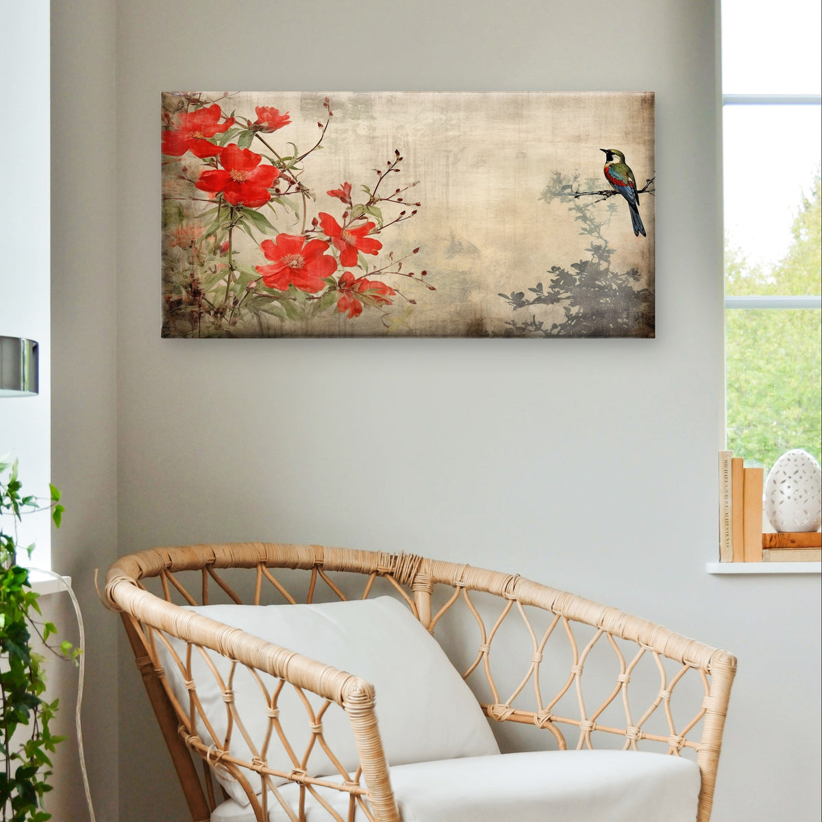 Vintage Chinese Red Blossom Bird Wall Art Canvas Office Home Framed 120x60cm