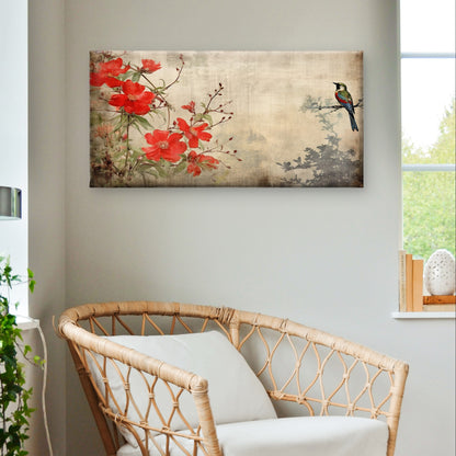 Vintage Chinese Red Blossom Bird Wall Art Canvas Office Home Framed 120x60cm
