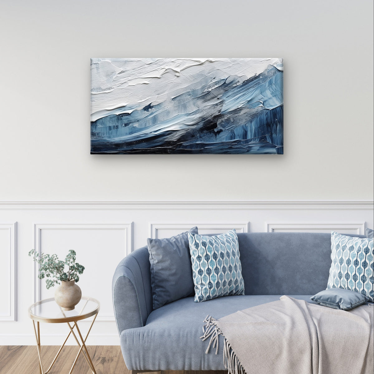 Abstract Blue Ocean Wave Impasto Wall Art Canvas Office Home Framed 120x60cm