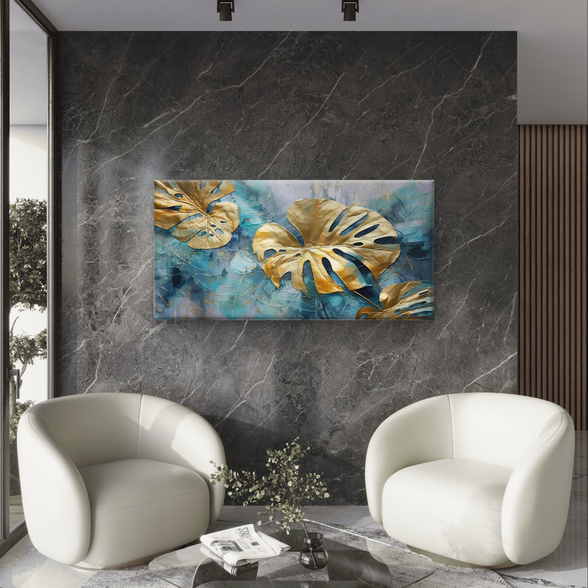 Luxury Gold Monstera Leaf Teal Palm Wall Art Canvas Office Home Framed 120x60cm
