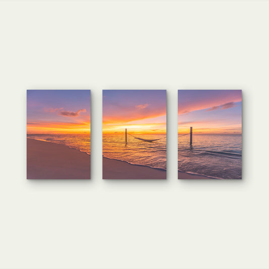 3pcs Tropical Beach Sunset Hammock Ocean Sea Wall Art Set Canvas Framed 40x60cm - High Quality Print 100% Australian Made Wall Canvas Ready to Hang