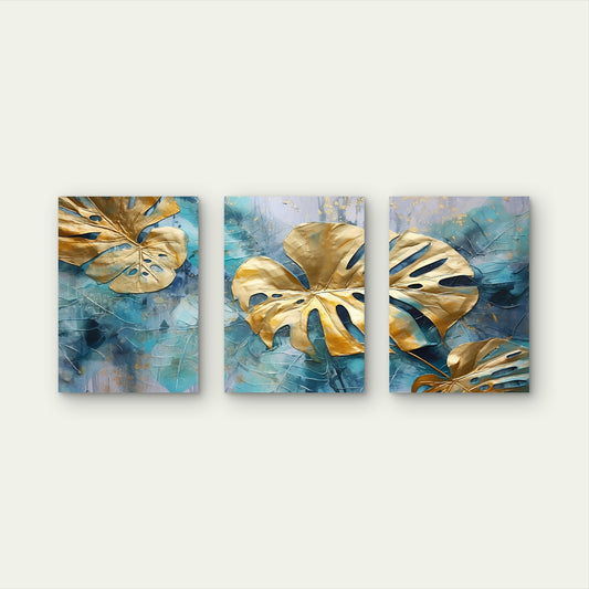 3pcs Modern Tropical Gold Leaves Botanical Teal Wall Art Set Canvas Framed 60x90cm - High Quality Print 100% Australian Made Wall Canvas Ready to Hang