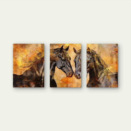 3pcs Abstract Black Horse Painting Gold Wildlife Wall Art Set Canvas Framed 50x70cm - High Quality Print 100% Australian Made Wall Canvas Ready to Hang