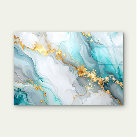 Abstract Teal Marble Liquid Gold Foil Acrylic Glass Printing Wall Art Australian Made Quality