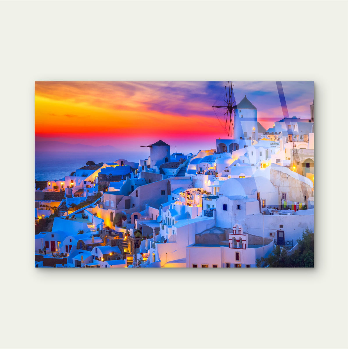 Greece Santorini Oia Windmill Sunset Acrylic Glass Printing Wall Art Australian Made Quality
