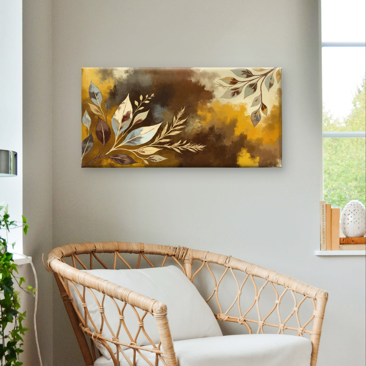 Abstract Brown Gold Leaf Branch Wall Art Canvas Office Home Framed 120x60cm