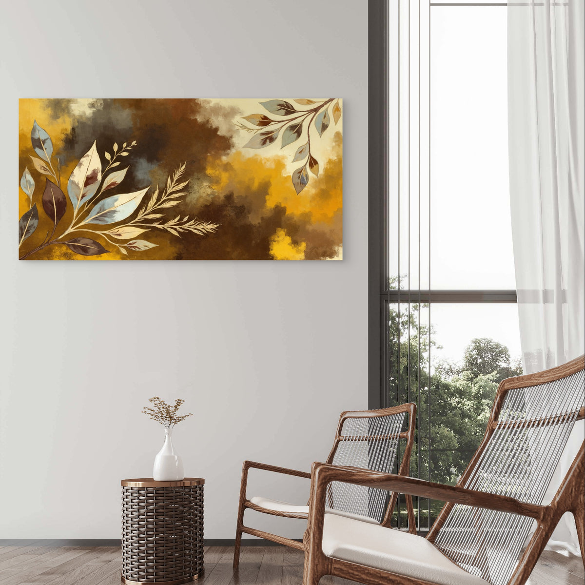 Abstract Brown Gold Leaf Branch Wall Art Canvas Office Home Framed 120x60cm