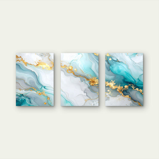 3pcs Modern Teal Gold Marble Fluid Abstract Wall Art Set Canvas Framed 50x70cm - High Quality Print 100% Australian Made Wall Canvas Ready to Hang