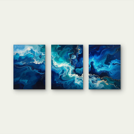 3pcs Modern Dark Navy Blue Ocean Sea Waves Wall Art Set Canvas Framed 60x90cm - High Quality Print 100% Australian Made Wall Canvas Ready to Hang