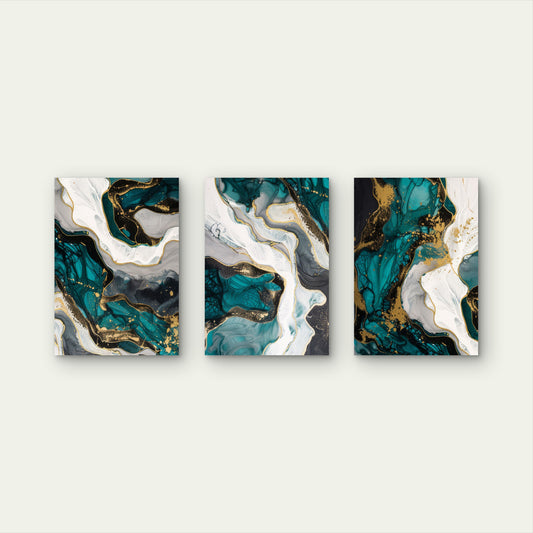 3pcs Modern Emerald Green Teal Fluid Alcohol Wall Art Set Canvas Framed 50x70cm - High Quality Print 100% Australian Made Wall Canvas Ready to Hang