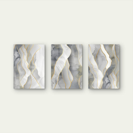3pcs Abstract Light Grey Marble Gold Foil Ripple Wall Art Set Canvas Framed 60x90cm - High Quality Print 100% Australian Made Wall Canvas Ready to Hang