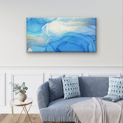 Alcohol Ink Abstract Blue Gold Swirl Wall Art Canvas Office Home Framed 120x60cm