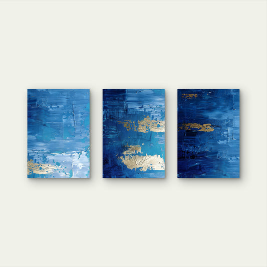 3pcs Modern Navy Royal Blue Gold Metallic Splash Wall Art Set Canvas Framed 50x70cm - High Quality Print 100% Australian Made Wall Canvas Ready to Hang