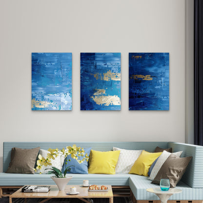 3pcs Modern Navy Royal Blue Gold Metallic Splash Wall Art Set Canvas Framed 50x70cm - High Quality Print 100% Australian Made Wall Canvas Ready to Hang