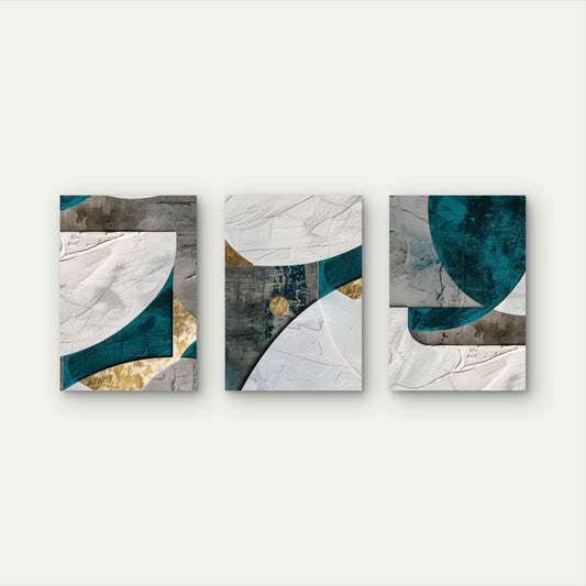 3pcs Abstract Teal Dark Gray Gold Geometric Wall Art Set Canvas Framed 60x90cm - High Quality Print 100% Australian Made Wall Canvas Ready to Hang