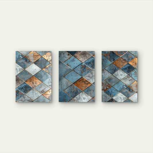 3pcs Industrial Blue Copper Diamond Mosaic Wall Art Set Canvas Framed 40x60cm - High Quality Print 100% Australian Made Wall Canvas Ready to Hang