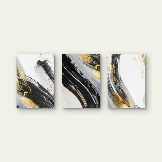 3pcs Modern Abstract Black Gold Brush Stroke Wall Art Set Canvas Framed 40x60cm - High Quality Print 100% Australian Made Wall Canvas Ready to Hang
