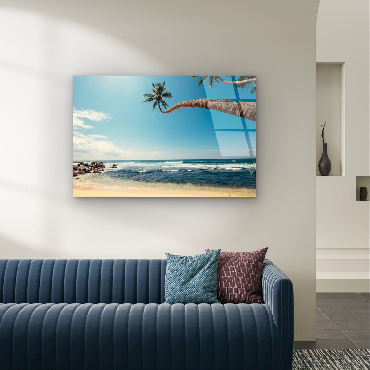 Tropical Ocean Beach Leaning Palm Tree Acrylic Glass Printing Wall Art Australian Made Quality