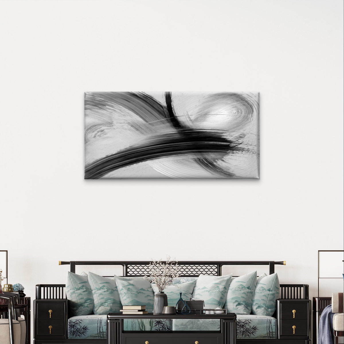 Modern Black White Brush Stroke Wall Art Canvas Office Home Framed 120x60cm