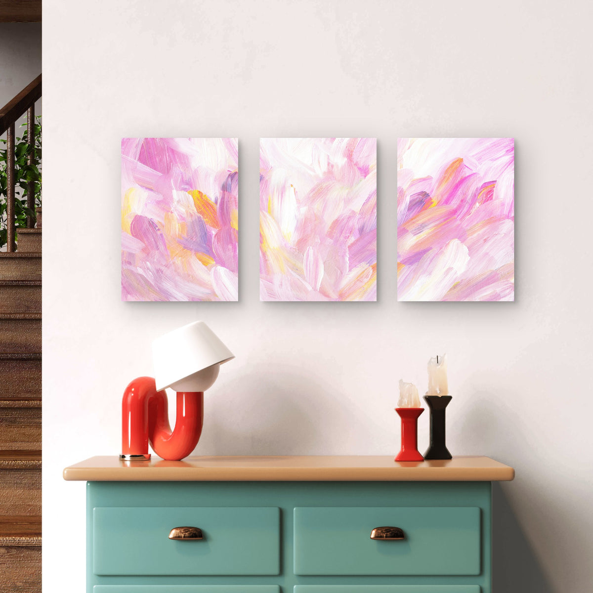 3pcs Modern Abstract Pink Pastel Painting Wall Art Set Canvas Framed 60x90cm - High Quality Print 100% Australian Made Wall Canvas Ready to Hang