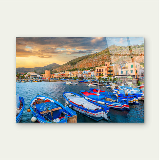 Italy Coastal Harbor Town Sea Blue Boats Acrylic Glass Printing Wall Art Australian Made Quality