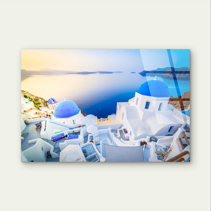 Greece Santorini Blue Dome Church Ocean Acrylic Glass Printing Wall Art Australian Made Quality