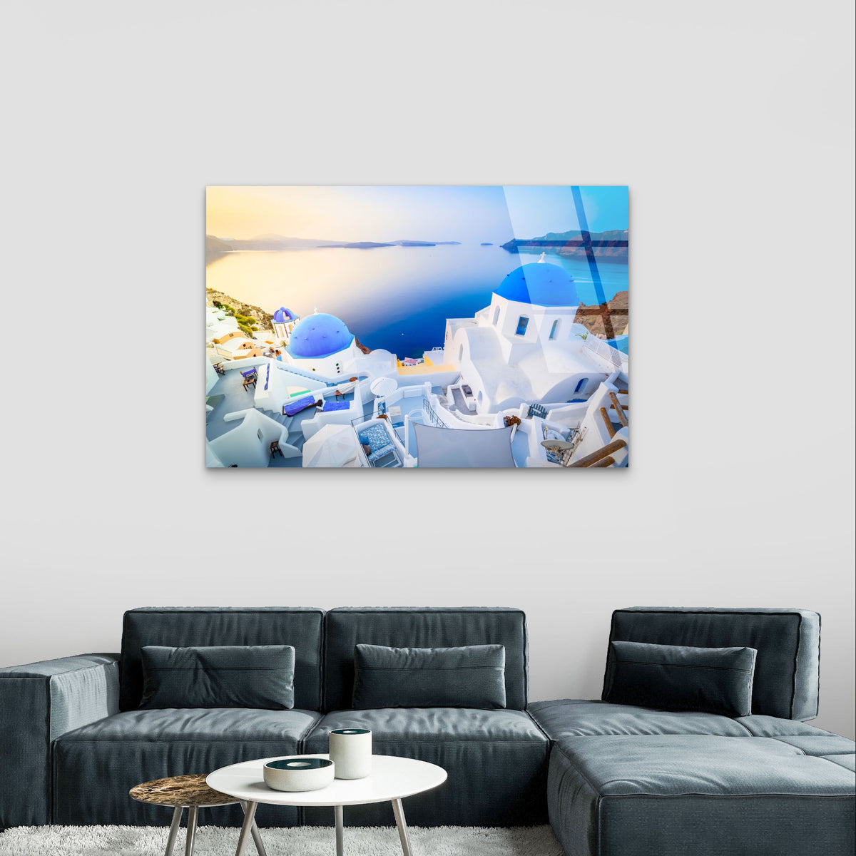 Greece Santorini Blue Dome Church Ocean Acrylic Glass Printing Wall Art Australian Made Quality