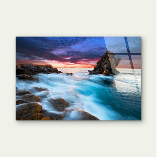 Sunset Ocean Waves Seascape Rock Coast Acrylic Glass Printing Wall Art Australian Made Quality