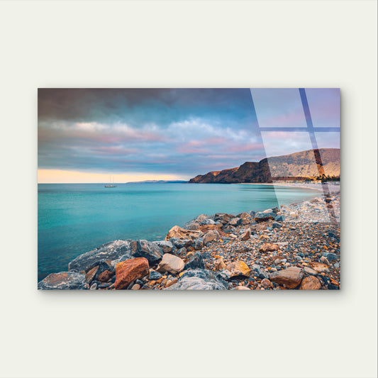 Coastal Pebble Beach Ocean Bay Boat Acrylic Glass Printing Wall Art Australian Made Quality