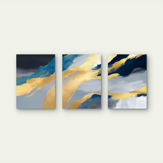 3pcs Modern Abstract Navy Blue Gold Foil Wall Art Set Canvas Framed 40x60cm - High Quality Print 100% Australian Made Wall Canvas Ready to Hang