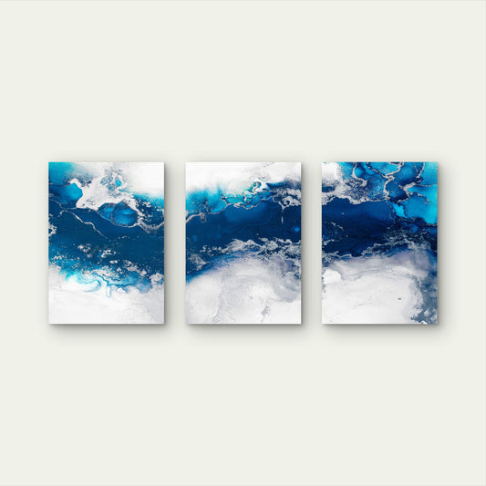 3pcs Modern Abstract Blue Ocean Silver Ink Wall Art Set Canvas Framed 40x60cm - High Quality Print 100% Australian Made Wall Canvas Ready to Hang