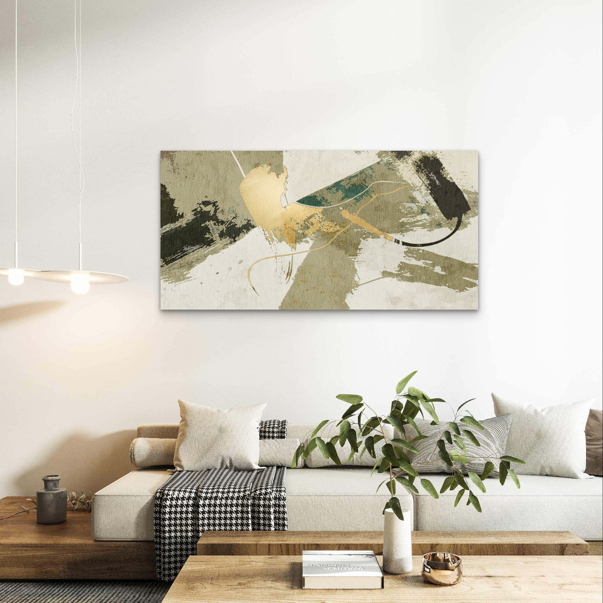Luxury Khaki Emerald Brushstroke Wall Art Canvas Office Home Framed 120x60cm