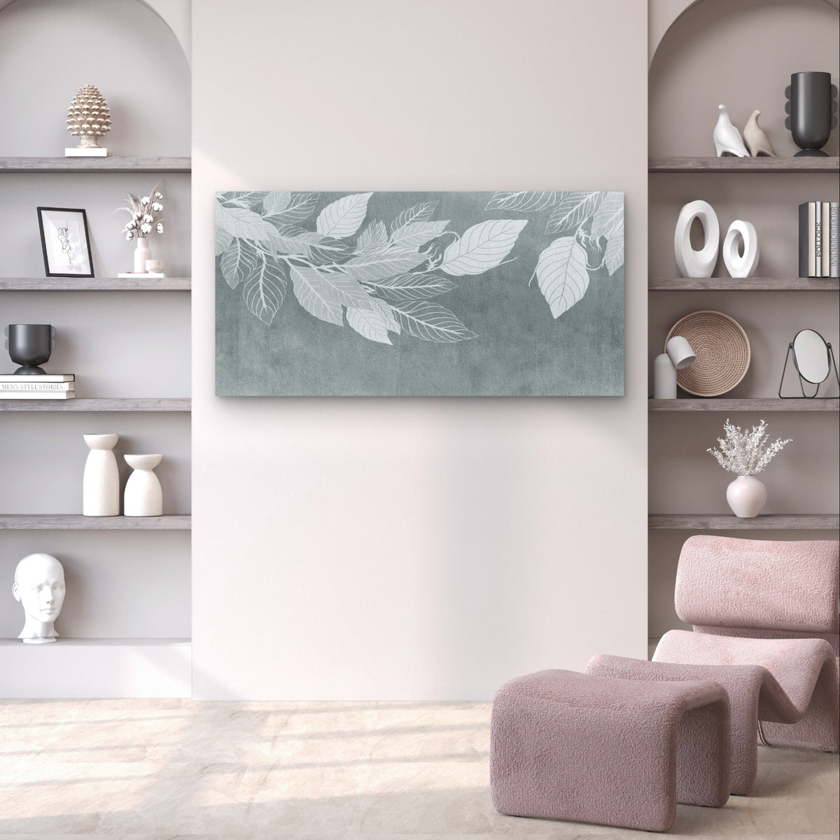 Nordic Minimalist Slate Blue Leaf Wall Art Canvas Office Home Framed 120x60cm