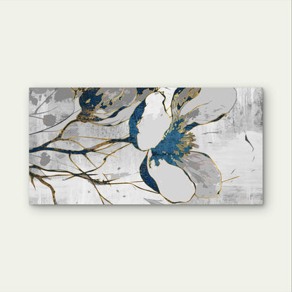 Abstract Blue Gold Flower Blossom Wall Art Canvas Office Home Framed 120x60cm