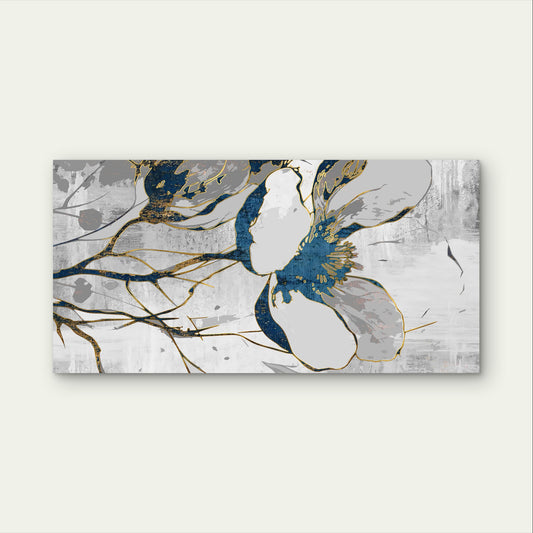 Abstract Blue Gold Flower Blossom Wall Art Canvas Office Home Framed 120x60cm