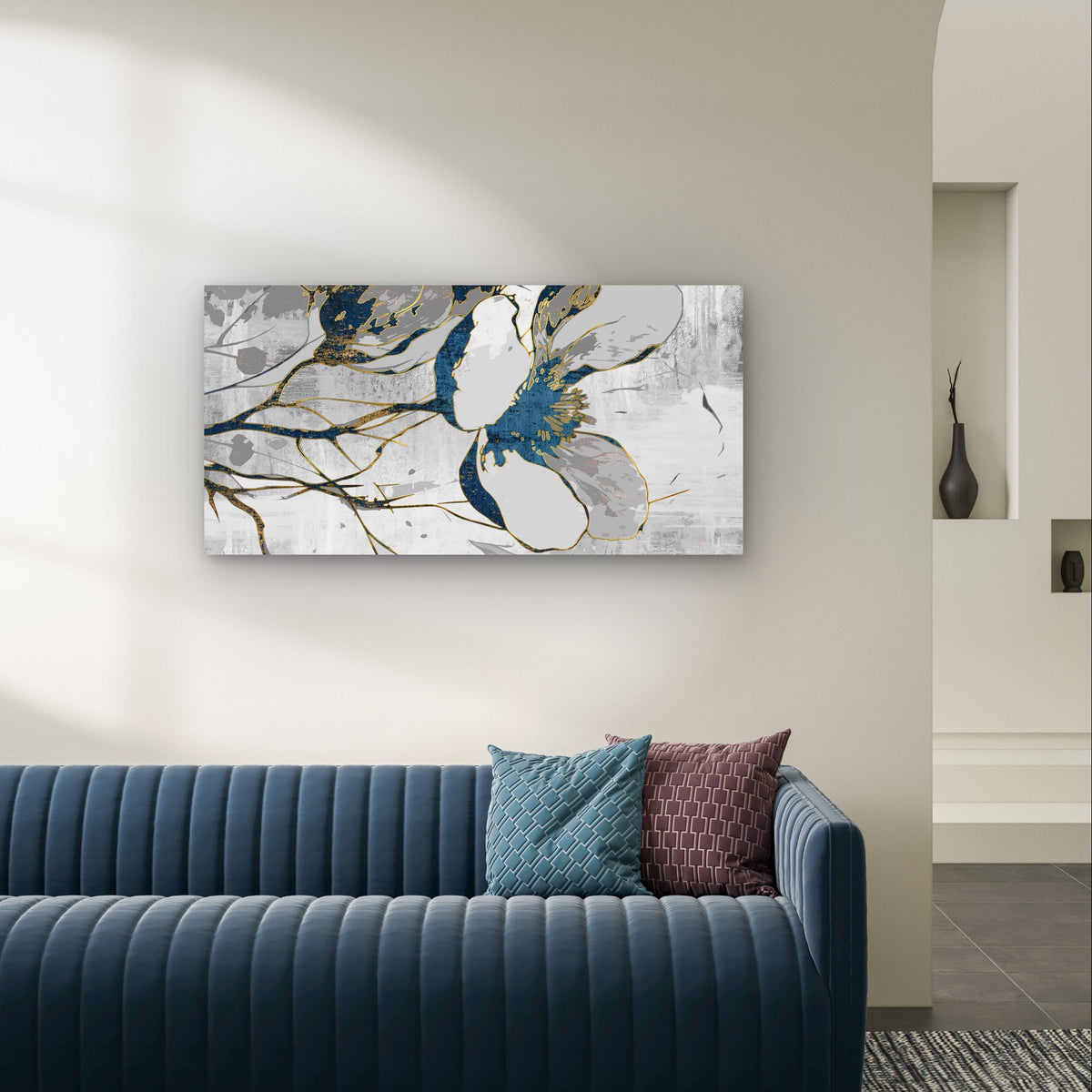 Abstract Blue Gold Flower Blossom Wall Art Canvas Office Home Framed 120x60cm