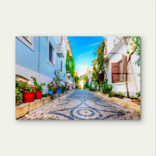 Greek European Town Cobblestone Path Acrylic Glass Printing Wall Art Australian Made Quality