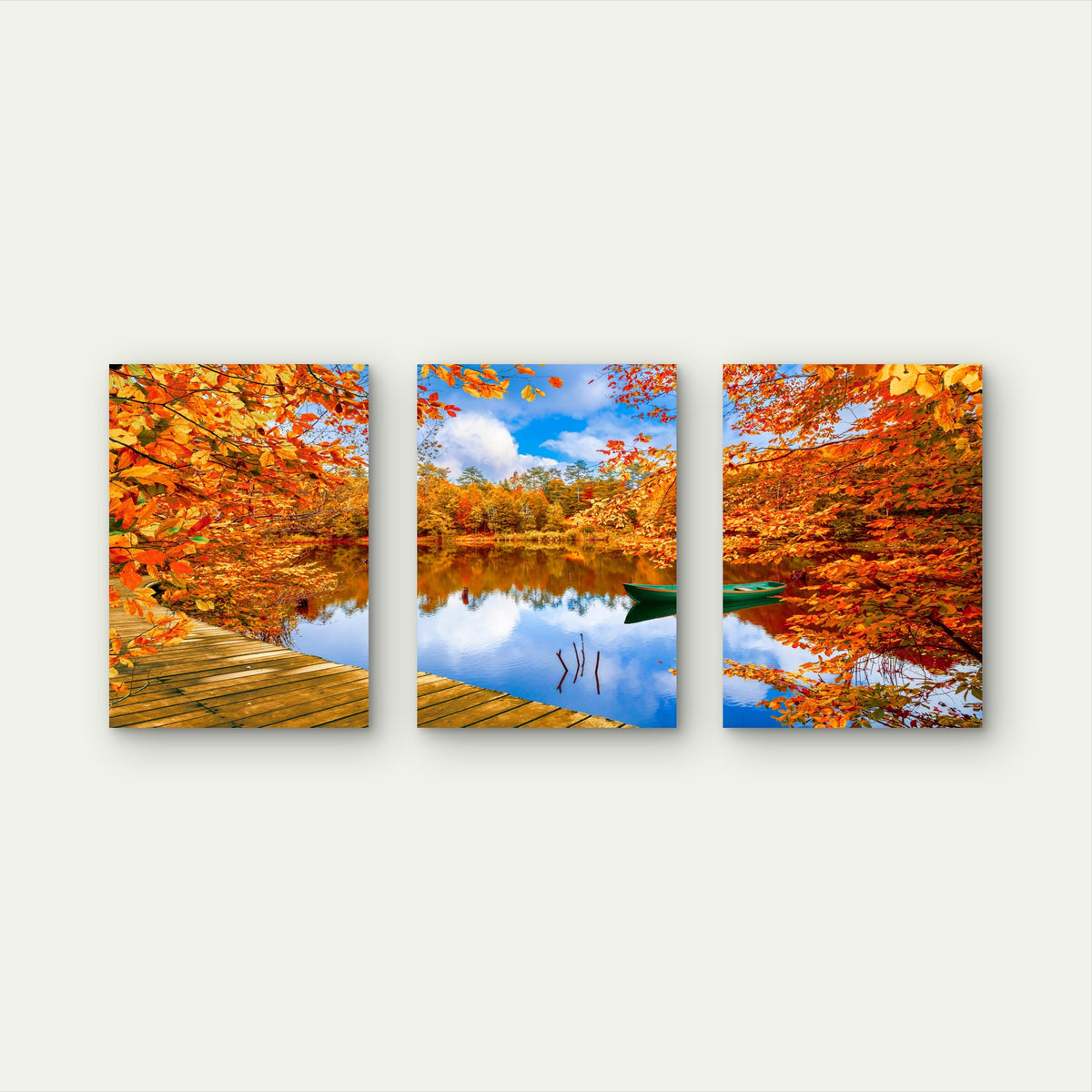 3pcs Fall Nature Lake Reflection Boat Scener Wall Art Set Canvas Framed 50x70cm - High Quality Print 100% Australian Made Wall Canvas Ready to Hang