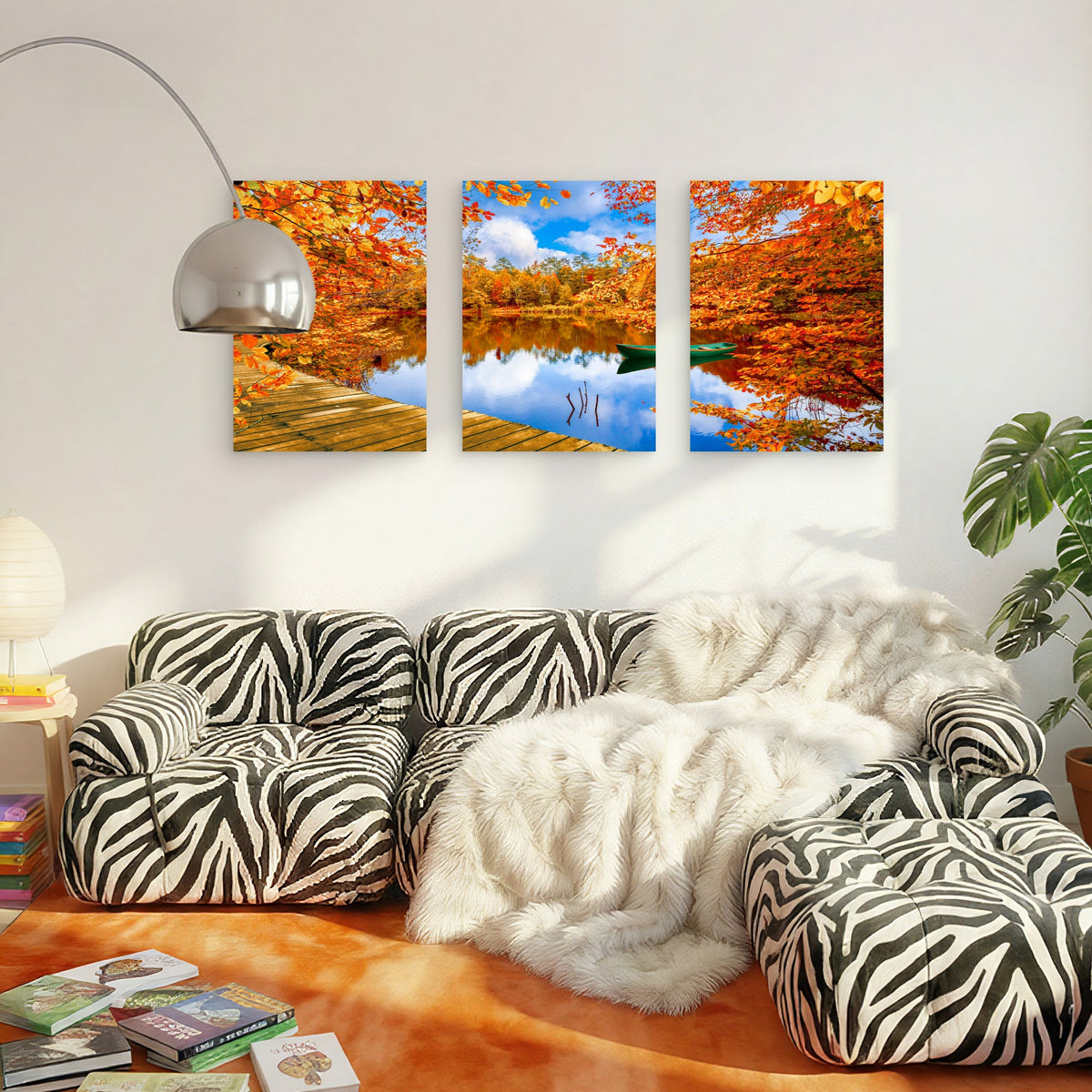 3pcs Fall Nature Lake Reflection Boat Scener Wall Art Set Canvas Framed 50x70cm - High Quality Print 100% Australian Made Wall Canvas Ready to Hang
